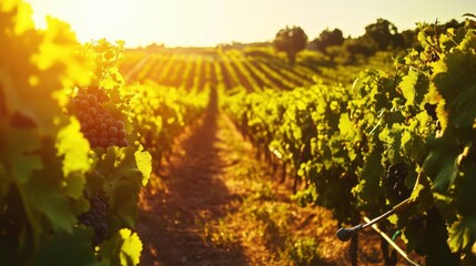 Naklejka premium A scenic vineyard with grape-picking tools amidst rows of vines, Viticulture harvest season style, photo of