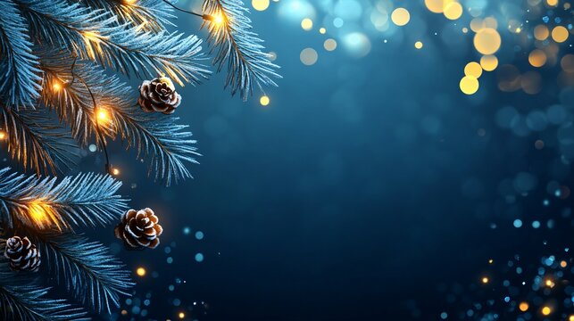 Festive pine branches adorned with glowing lights and pine cones against a dreamy blue bokeh background, evoking a magical holiday atmosphere.
