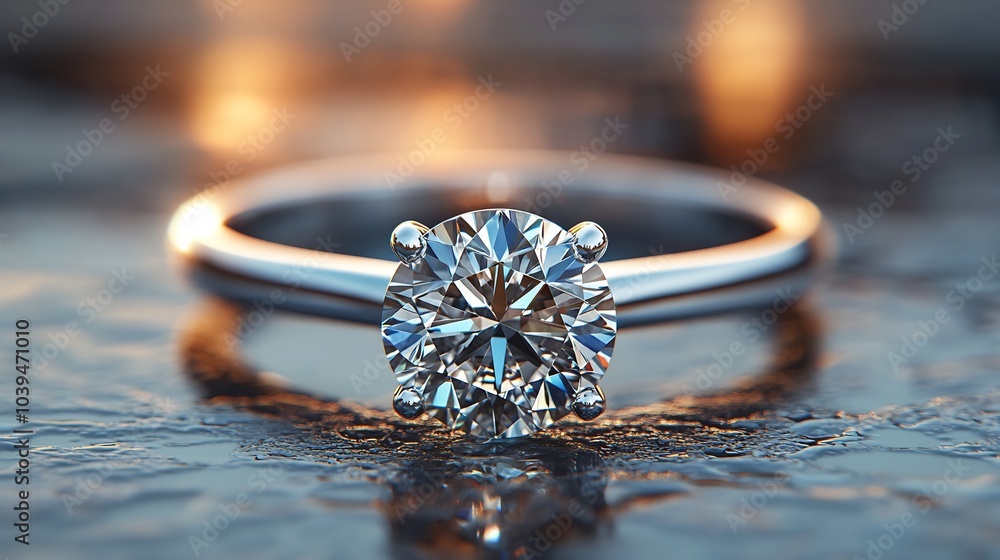 Poster solitaire engagement ring with a round diamond resting on a clean minimalistic surface emphasizing t