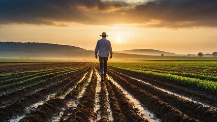 Fototapeta premium Agronomist Analyzing Soil on Sunrise Farm Field - Double Exposure Photography