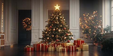 A beautifully decorated Christmas tree adorned with golden star and colorful ornaments, surrounded by gifts in a cozy festive setting.