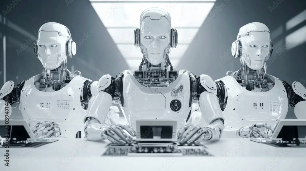 Poster futuristic robots assembling electronic components