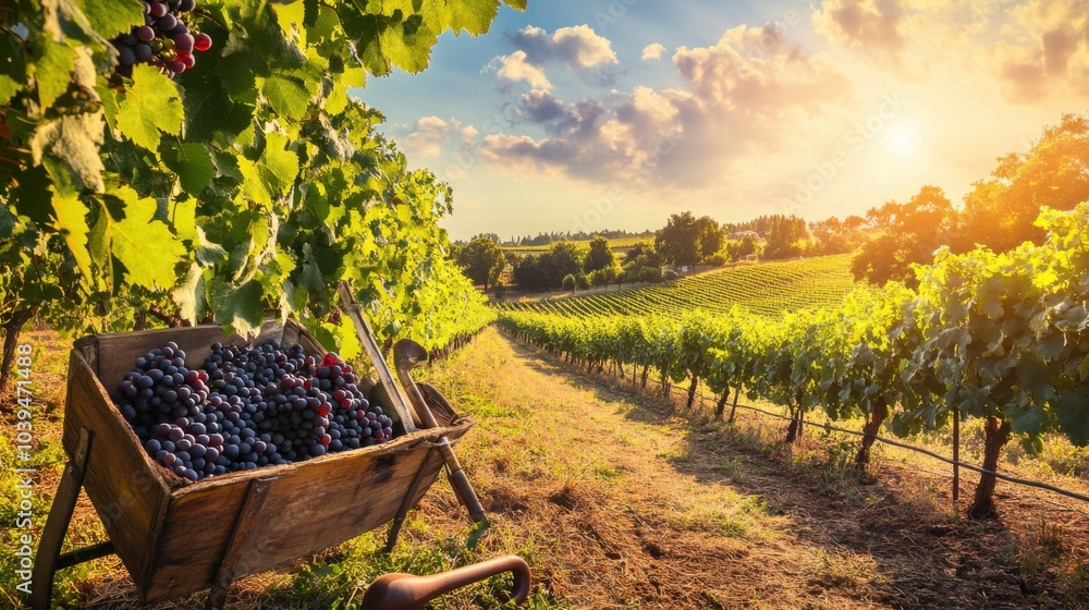 Poster a scenic vineyard with wine-making tools amidst rows of grapevines, vineyard harvest and winemaking 