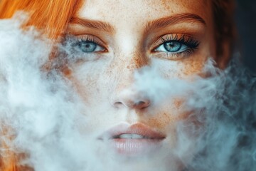 Woman with red hair in an ethereal cloud of mist evoking a mystical and surreal mood blending fantasy and mystery with a haunting dreamlike atmosphere