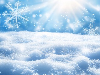 Naklejka premium Sparkling snow covered landscape with gentle sunlight, creating a serene winter scene filled with snowflakes and a soft blue background.