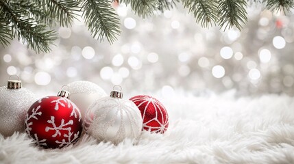 Festive Christmas ornaments in red and white with a soft fur background, surrounded by blurred holiday lights, creating a warm, joyful atmosphere.