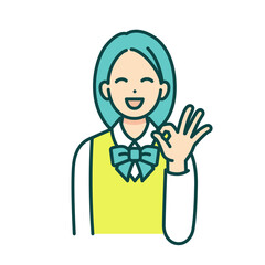 手でOKサインをして微笑む女の子。制服を着た女性のベクターイラスト素材。