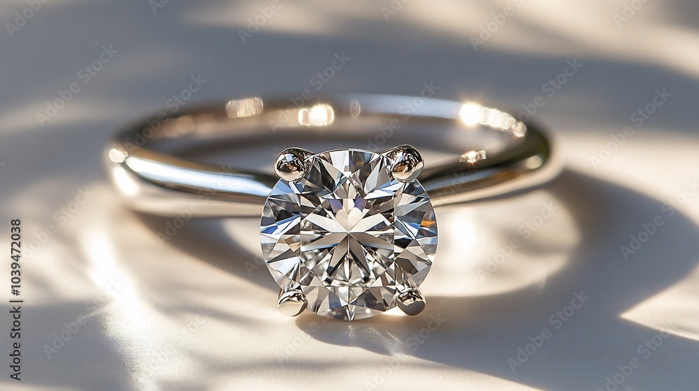 Poster solitaire engagement ring with a round diamond resting on a clean minimalistic surface emphasizing t