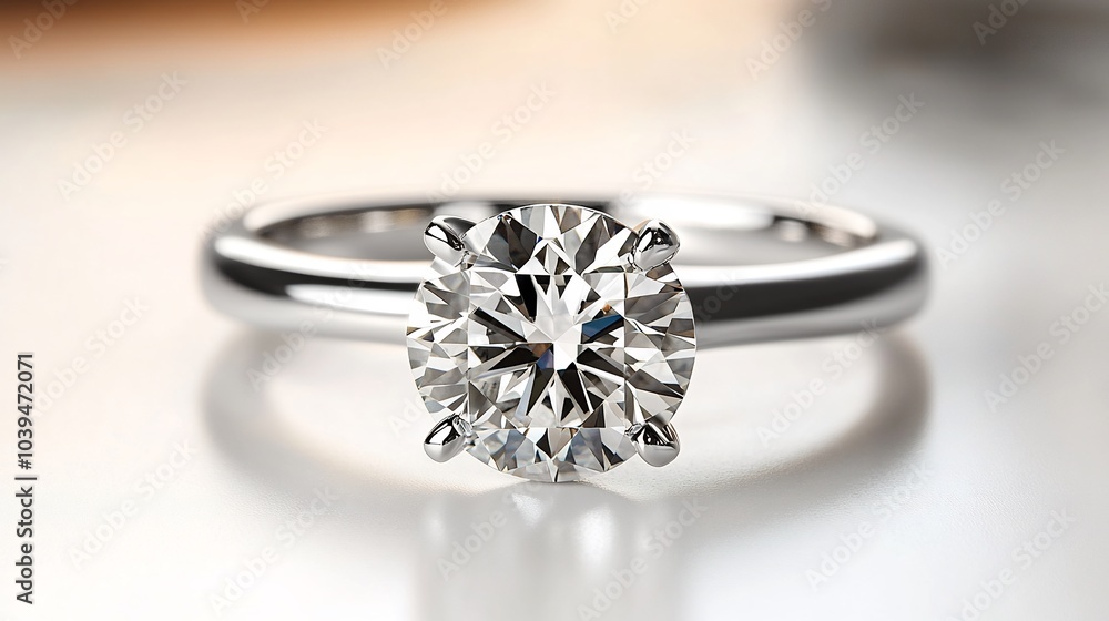 Poster solitaire engagement ring with a round diamond resting on a clean minimalistic surface emphasizing t