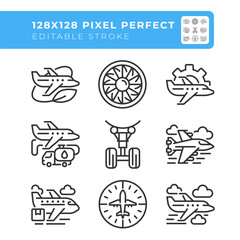 Aviation industry linear icons set. Air travel. Aircraft operations. Business and cargo aircraft. Customizable thin line symbols. Isolated vector outline illustrations. Editable stroke
