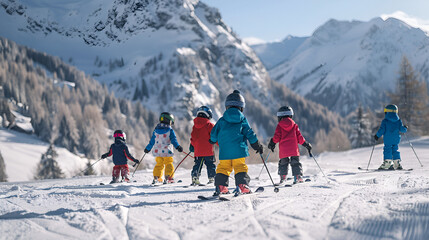 Group of skiers children and adults
