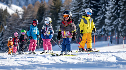 Group of skiers children and adults