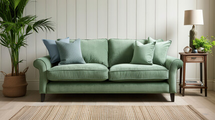 pastel green sofa with blue cushions creates refreshing and inviting atmosphere in stylish living room. combination of textures and colors adds warmth and comfort