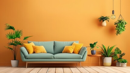 pastel green sofa with yellow cushions creates vibrant focal point against warm orange wall, surrounded by lush greenery and stylish decor
