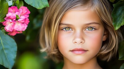 Fototapeta premium A tight shot of a child's face, foregrounded by a blooming flower, and backgrounded by a tree