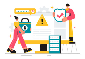 Vulnerability and Threat Management Solutions Vector Illustration featuring Data Breach Security Attack, Hacker Fraud, and Coding Issues in background