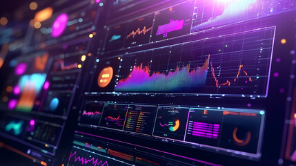 Fototapeta premium Multiple Computer Screens Displaying Data Visualization