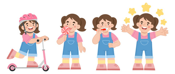 Vector illustration set of happy little girl activities