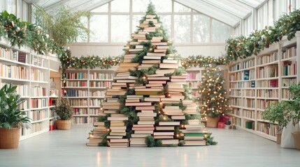 Unique Christmas tree made of books in a cozy library setting
