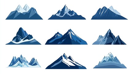 A collection of blue mountain illustrations against a white background.