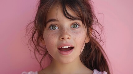 A latin American cute girl, She is mimicking a surprise face in a relax playful fun way. on pink background.