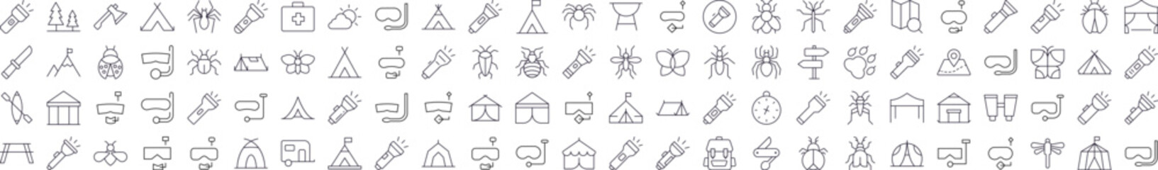 Camping Thin Line Icon Set. Editable Stroke. Suitable for Banners, Cards, Social Networks, Apps