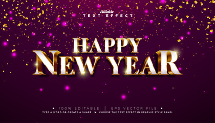 Happy New Year 3D Text Effect Design. Editable and Scalable Vector Graphic Style Effect with Gold and White Typography Lettering and Falling Confetti on Shiny Background. Winter Holiday Illustration