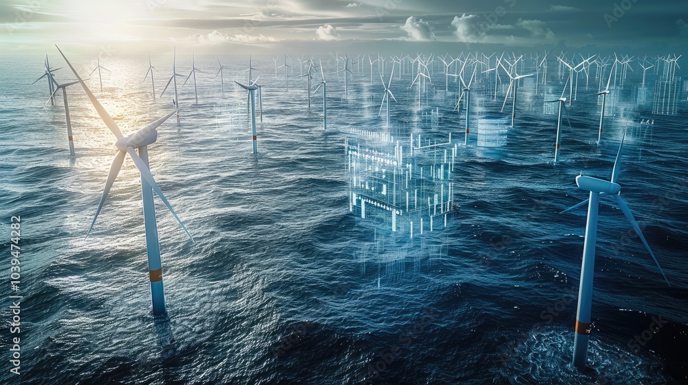 Poster Aerial view of an offshore wind farm with hundreds of white turbines in the ocean, surrounded by floating holographic data and numbers, symbolizing advanced energy technology. set on a calm sea.