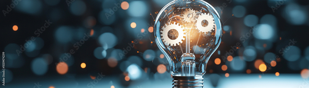 Poster illuminating ideas a glowing lightbulb filled with intricate gears and abstract cogs representing in