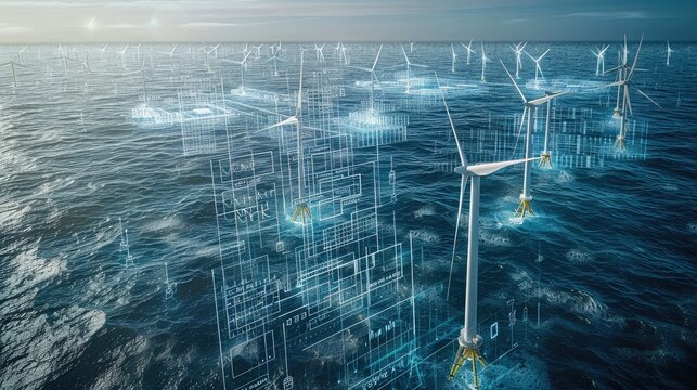 Aerial view of an offshore wind farm with hundreds of white turbines in the ocean, surrounded by floating holographic data and numbers, symbolizing advanced energy technology. set on a calm sea.