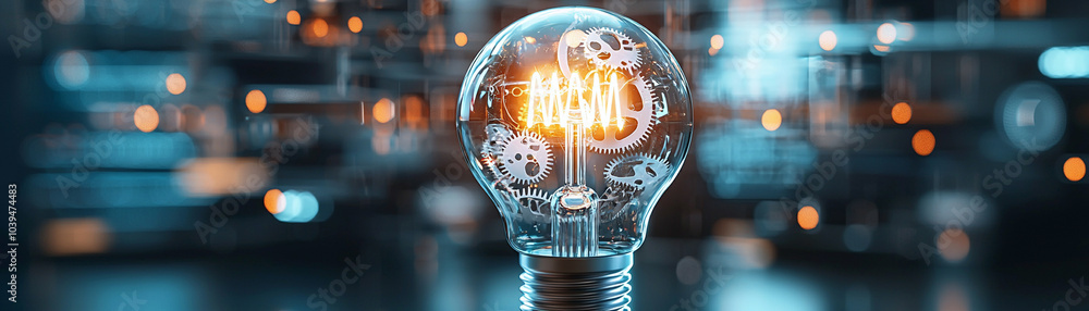 Poster illuminating innovation a glowing lightbulb filled with abstract gears and cogs that symbolize creat