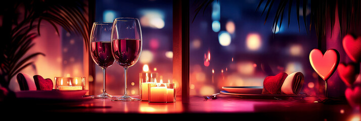 Romantic valentine’s day dinner at candlelit table with wine and heart decor