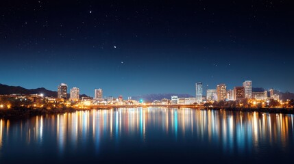 Fototapeta premium Nighttime City Skyline with Reflections in Water