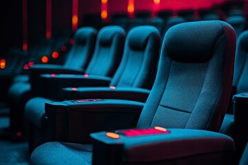 High contrast image of empty movie theater seats with generative ai