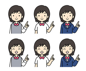 シンプルでかわいい学生イラスト（指差し・上半身・女の子）