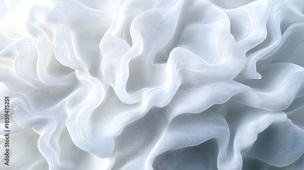 Poster a close-up of a delicate, ruffled white surface, showcasing soft textures and curves, creating an et