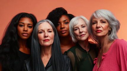 Obraz premium Five diverse women of various ages smiling together in front of a peach-colored backdrop during a casual gathering in the afternoon