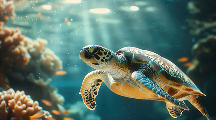 Obraz premium A sea turtle swimming gracefully underwater, its shell detailed in bright sunlight, minimalistic blurred coral reef background.