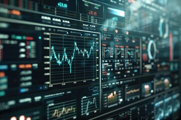 Fototapeta premium AI-driven stock market analysis on a sleek digital screen, showcasing advanced financial tools and real-time data