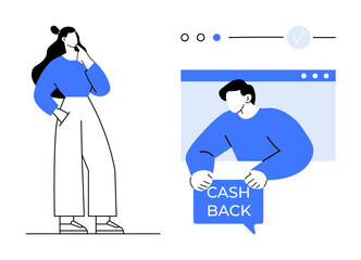 Woman thinking and man holding a sign in blue and white tones. Ideal for marketing cashback programs online interactions financial incentives customer rewards and e-commerce. Simple clean modern