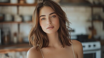 A beautiful 30 year old woman with medium length brown hair, wearing a simple short dress. She stands in a small kitchen, with a slight smile on her face.