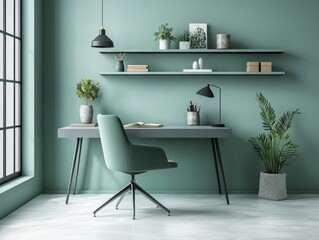Modern study room with slate grey walls and sage green furniture