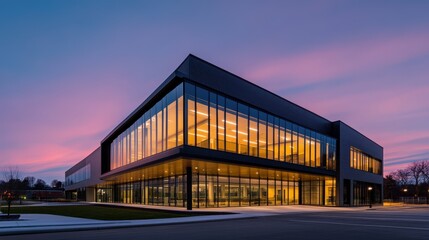 Obraz premium modern glass and steel building at sunset