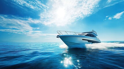 Fototapeta premium A sleek motorboat cruising through open waters under a bright blue sky, leaving a frothy trail behind