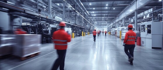 Very realistic and photographic photo of workers in motion inside a sleek, modern warehouse, with automation machinery running smoothly in the background The long exposure technique captures the