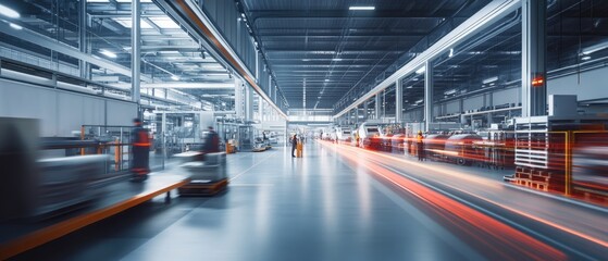 Very realistic and photographic photo of a sleek modern warehouse, with automation machinery and motion-blurred workers filling the space The long exposure effect captures the dynamic energy of a
