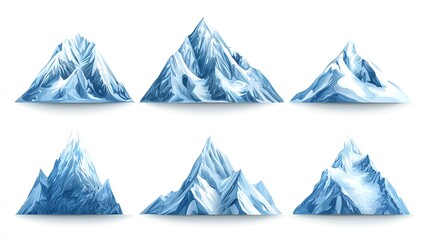 Various stylized mountains with snow caps on a white isolated background.