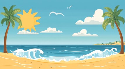 Fototapeta na wymiar Tropical Beach with Palm Trees and Waves.