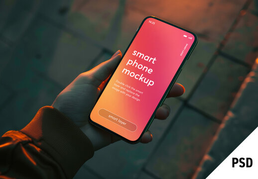 Man holding a smartphone in street scene at night &ndash; ai generated