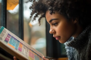 A student browsing through a college catalog, selecting courses and planning their academic path for the semester